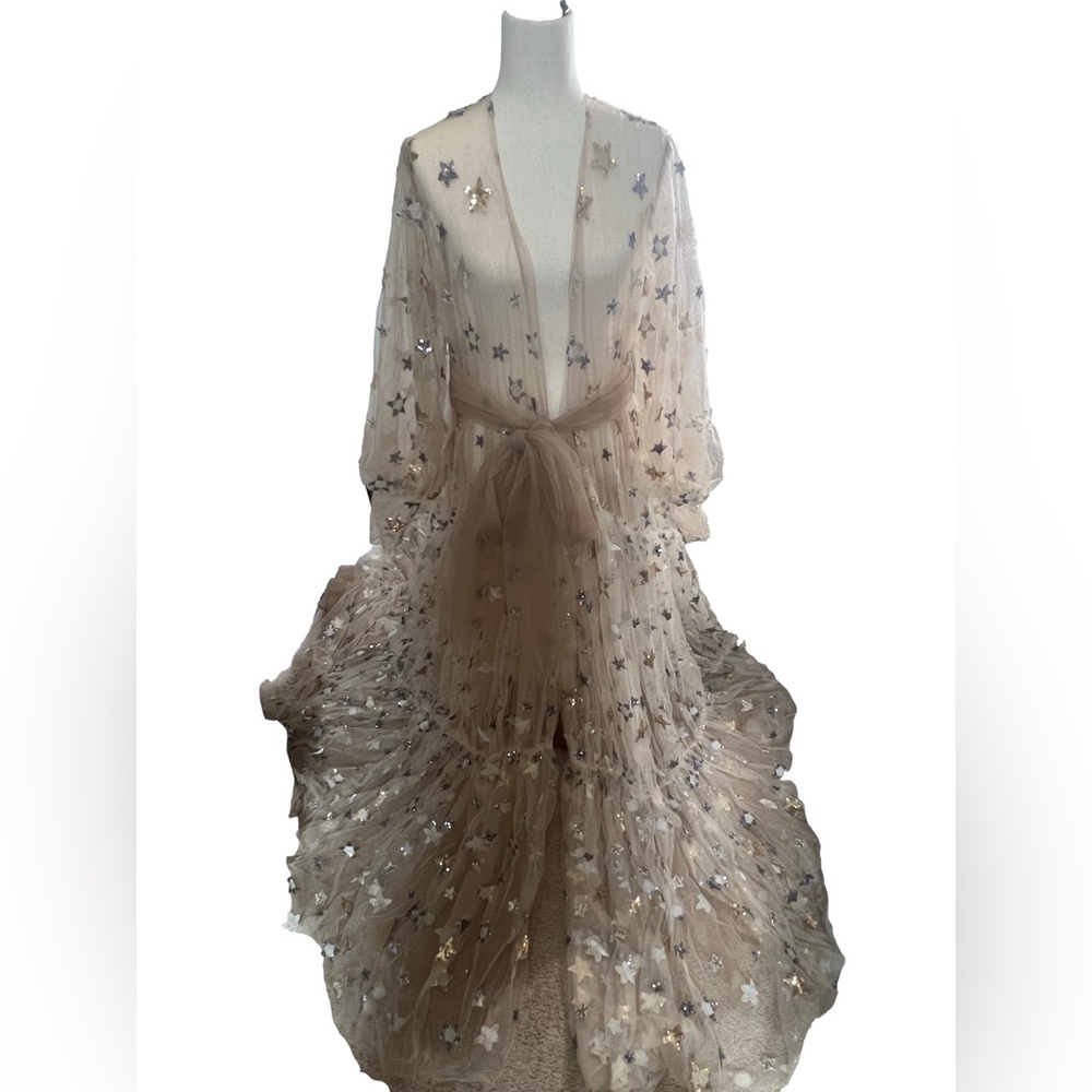 Beautiful Tan Sequin Stars Tulle Maternity Robe or any Occasion Photoshoot - Picture 8 of 10